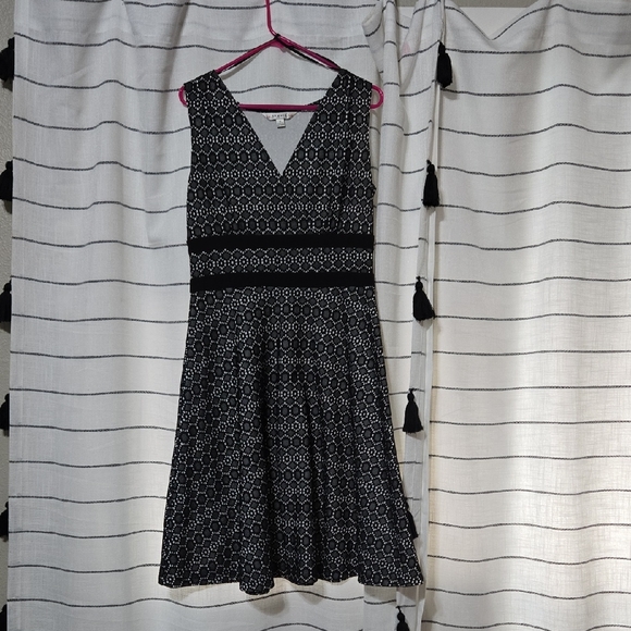 Black and White A-Line V-Neck Midi Dress - Picture 1 of 1